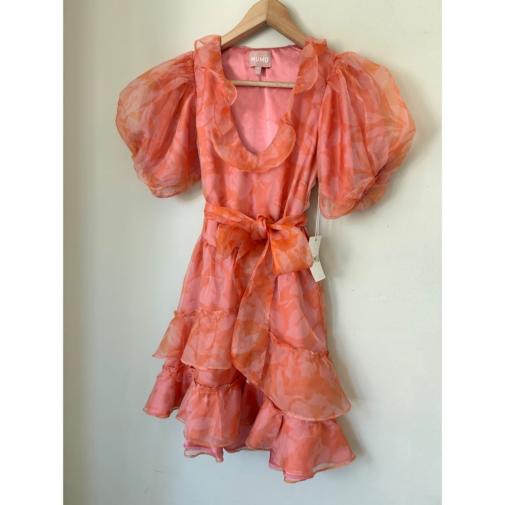 Show Me Your Mumu Mini Dress Pink Orange Floral Puff Sleeve Ruffle XS NEW